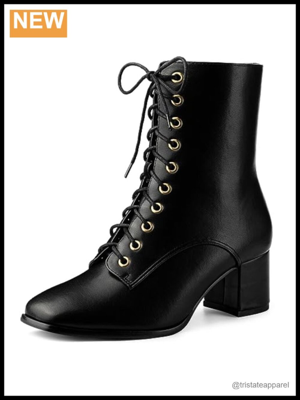 Faux Leather Lace Up Square Toe Chunky Heel Ankle Combat Boots